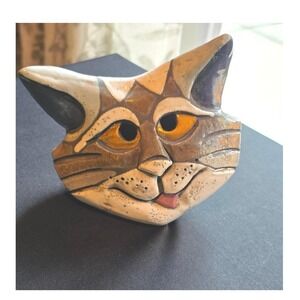 Vintage Studio Cat Face Sculpture, Whimsical Feline Art, Signed Madonik